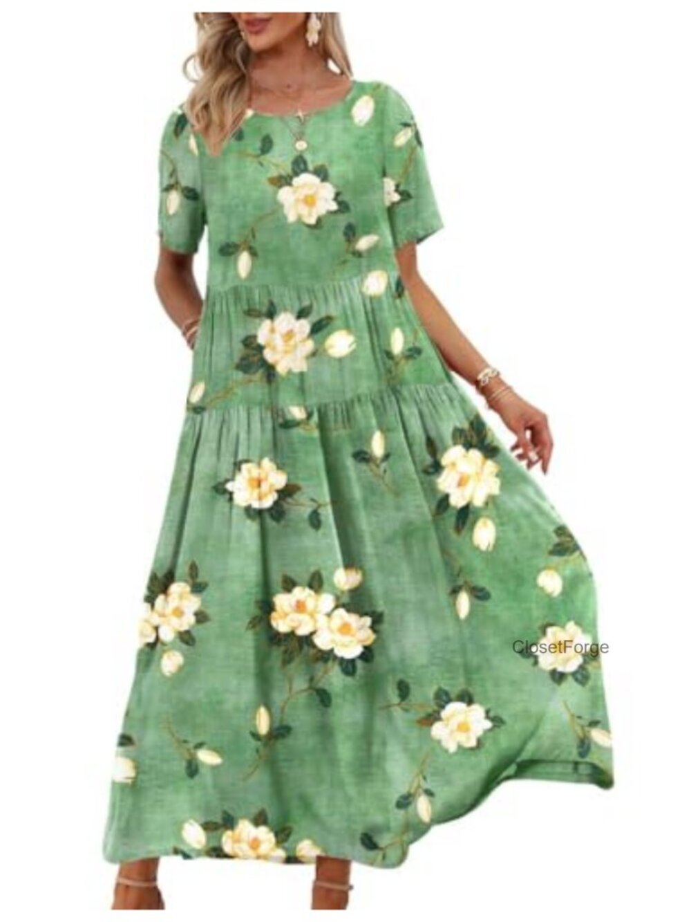 Women's Cotton Blend Floral Maxi Dress, Bohemian Swing Long Dress with Pockets